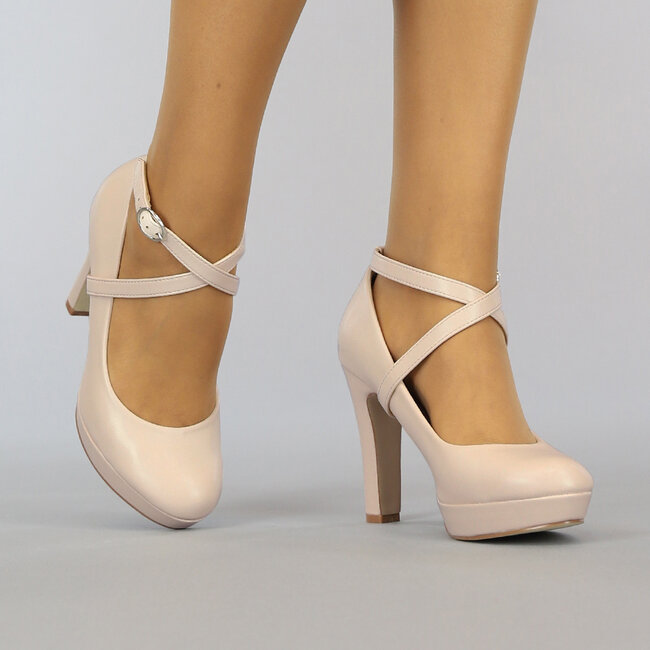 Beige Pumps in Lederoptik mit Knöchelriemen