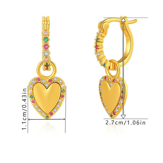 Goldfarbene Herz-Ohrringe mit mehrfarbigen Strasssteinen