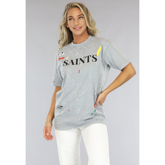 Hellgraues Saints-T-Shirt mit Farbflecken