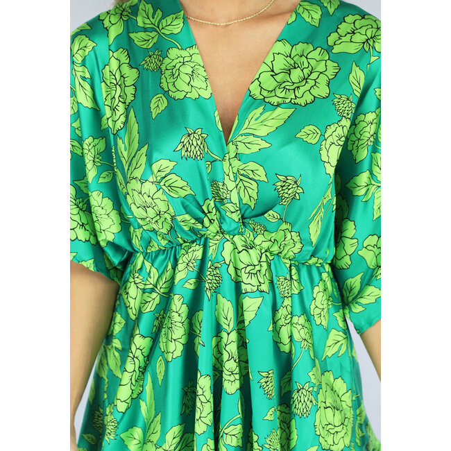 Grünes Satin Kleid mit geblümtem Revers