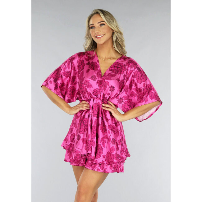 Fuchsia Satin Kleid mit geblümtem Revers