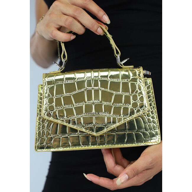 Goldene Mini-Retro-Kroko-Tasche mit Klappe