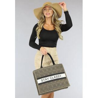 NEW1207 Große Strandtasche mit "Stay Classy" Text Taupe