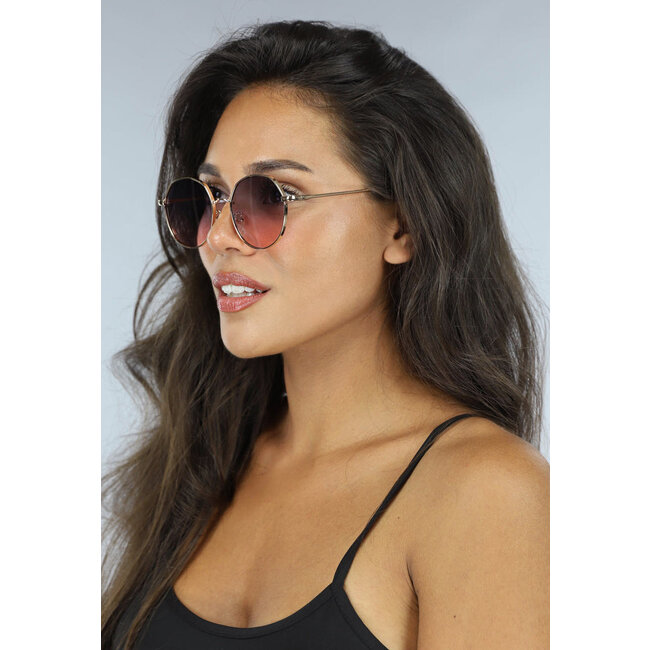 Rote/rosa runde Retro-Sonnenbrille mit goldenen Bügeln