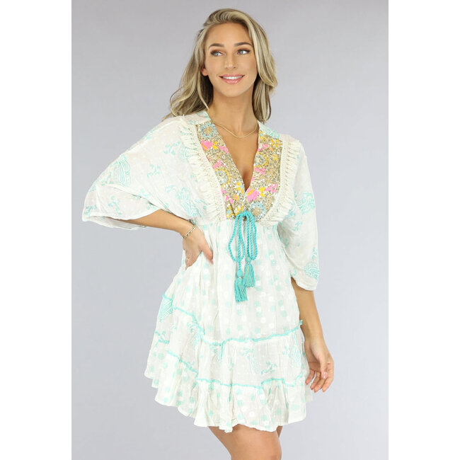 Boho Ibiza Kleid mit mintgrünem Paisleymuster