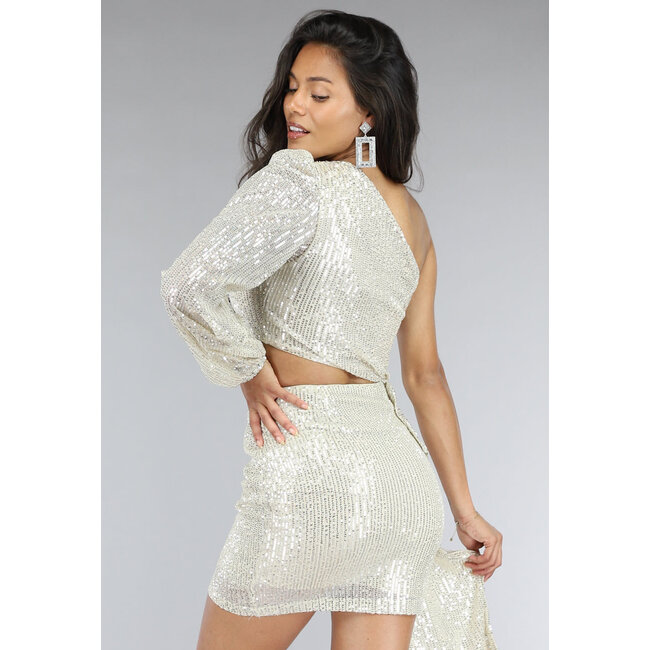 Champagnerfarbenes One-Shoulder-Glitzerkleid mit Ausschnitt