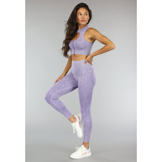 Fliederfarbener gerippter Stoff Nahtlose Stretch-Sport-Leggings