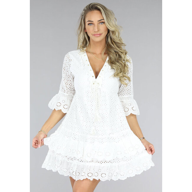 Weißes Broderie Bohemian Ibiza Kleid