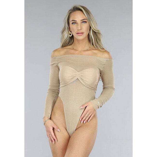 Beige Plissierter schulterfreier Bodysuit mit hohem Ausschnitt