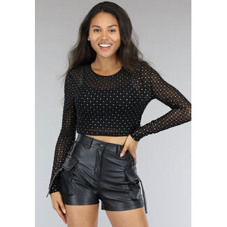 Schwarzes Glitzer-Mesh-Top