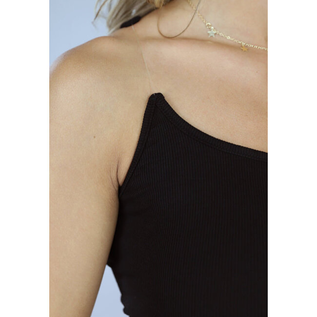 Schwarzes Rippen-Top mit transparenten Trägern