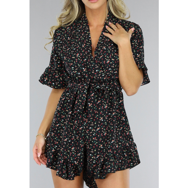 Schwarzer Playsuit mit Blumenmuster und Overslag