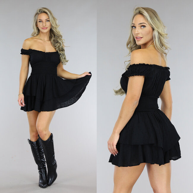 Schwarzer mehrlagiger Polkadot-Off-Shoulder Playsuit