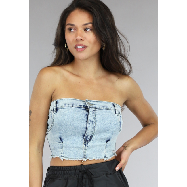 Trägerloses Crop-Top aus blauem Denim