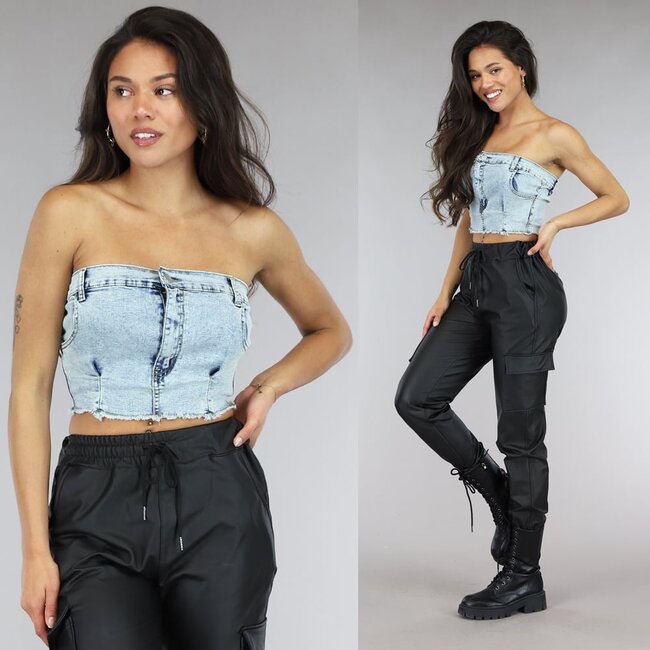 Trägerloses Crop-Top aus blauem Denim