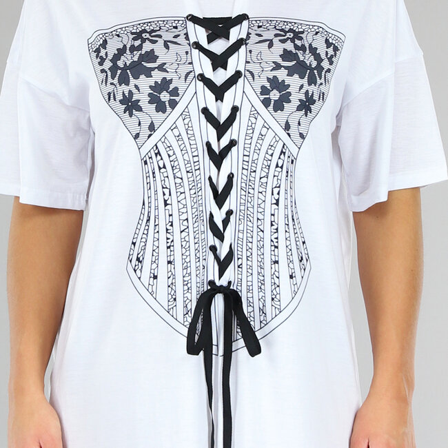 Weißes T-Shirt-Kleid mit Korsett-Print