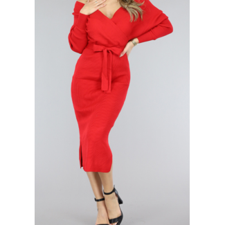 NEW0102 Rotes Off-Shoulder-Rippenkleid