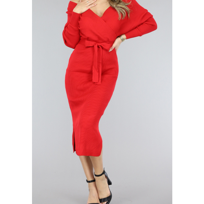 Rotes schulterfreies Rippenkleid mit Taillenband