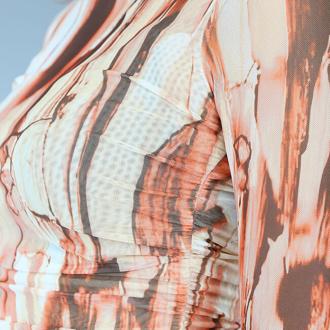Beigefarbenes Print-Mesh-Kleid mit Plissee-Detail