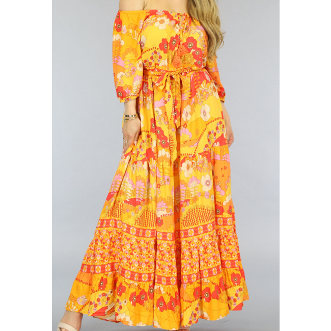 Orangefarbenes schulterfreies Maxikleid mit Blumendruck