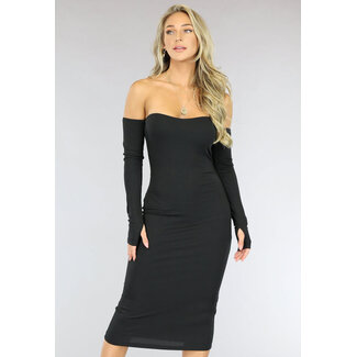 NEW1207 Schwarzes schulterfreies Bodycon-Kleid aus Rippstrick