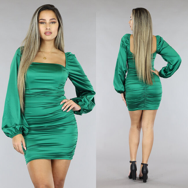 Grünes Bodycon-Kleid aus Satin mit Puffärmeln und Plissee-Detail