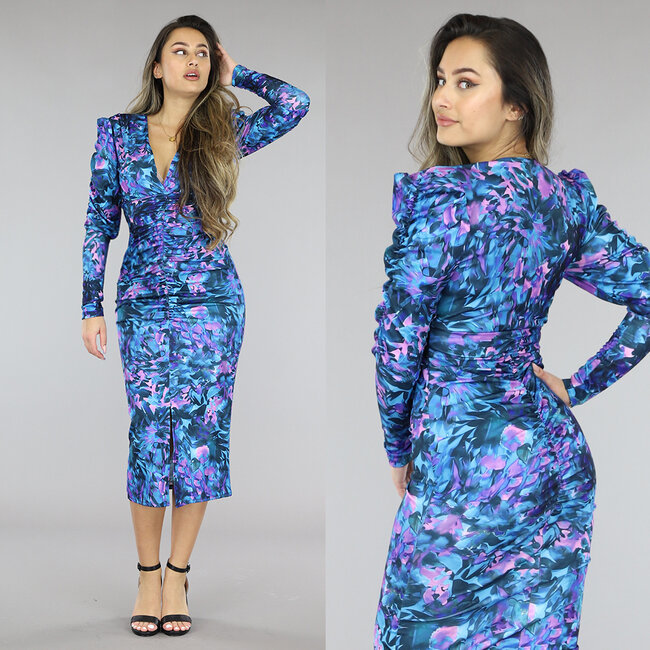 Blaues Bodycon-Kleid mit Blumendruck und V-Ausschnitt