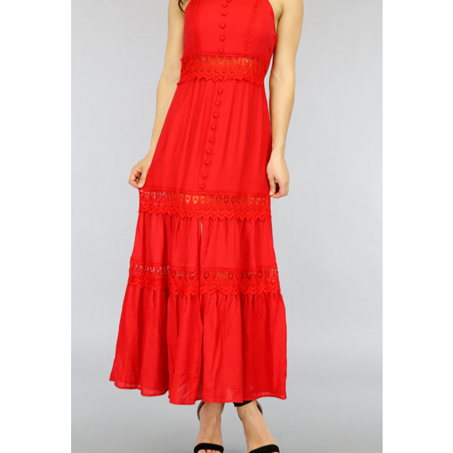 Rotes Maxi-Sommerkleid mit Häkeldetails