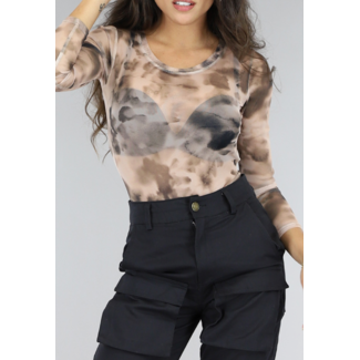 Beigefarbener Mesh-Bodysuit mit Druck