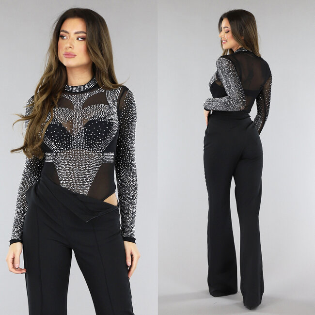 Schwarzer langärmeliger Mesh-Body mit Strass