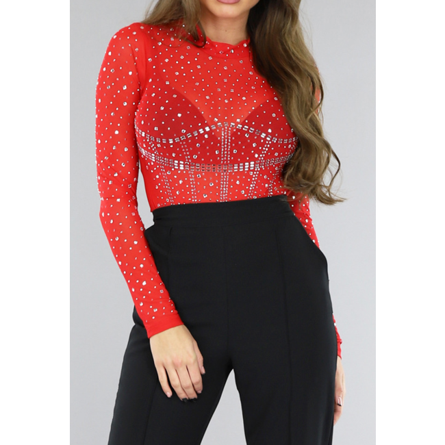 Roter langärmeliger Mesh-Body mit Strass