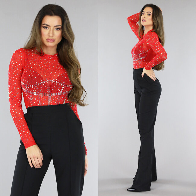 Roter langärmeliger Mesh-Body mit Strass