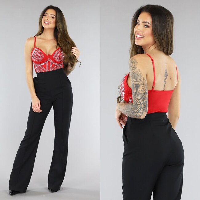 Roter Glam Strass-Bodysuit mit Einlagen