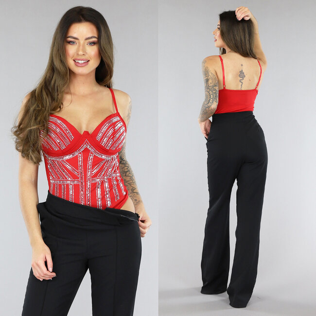 Roter Glam Strass-Bodysuit mit Einlagen