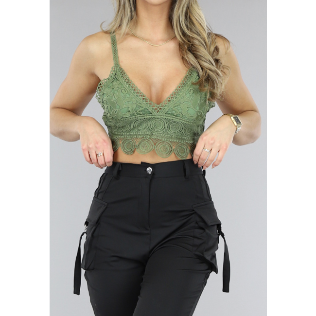 Khakifarbenes gehäkeltes Crop-Top mit Stickerei