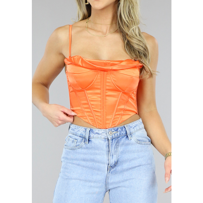 Orangefarbenes Satin-Korsett-Top mit drapiertem Detail