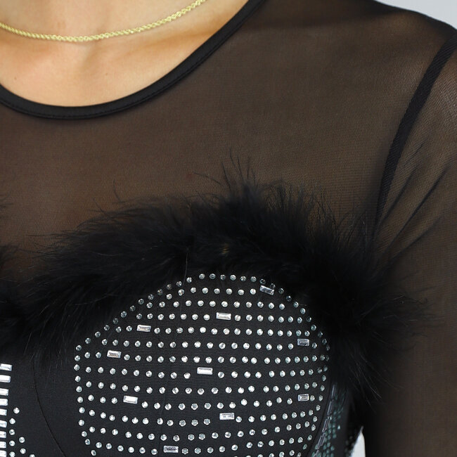 Schwarzes Bodycon-Kleid mit Perlen und Mesh-Oberteil