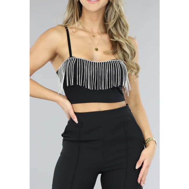 Schwarzes Crop Top mit Strassfransen