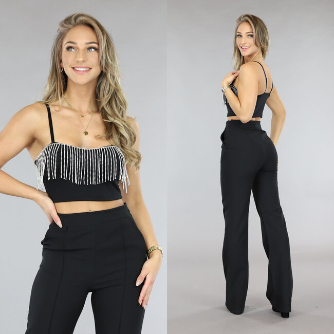 Schwarzes Crop Top mit Strassfransen