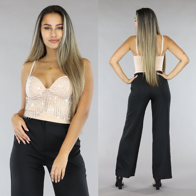 Beigefarbenes Strass-Top mit Cups und verstellbaren Trägern
