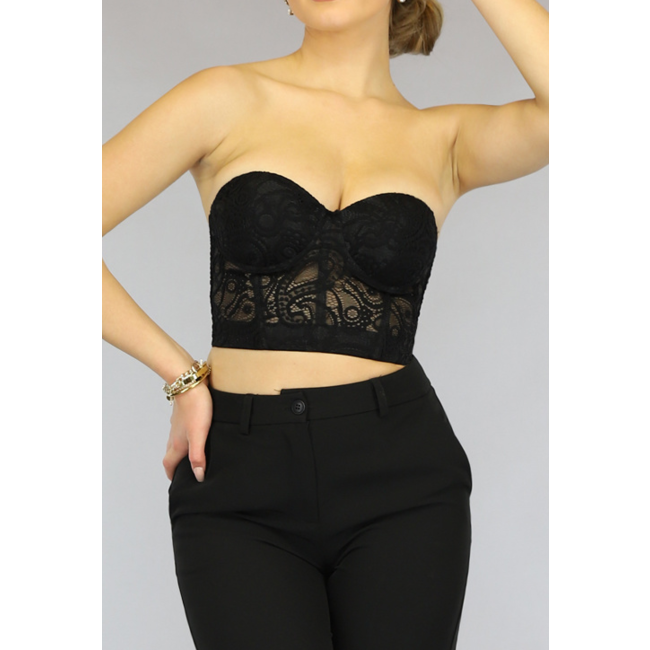 Schwarzes Spitzen-Crop-Bustier mit Cups