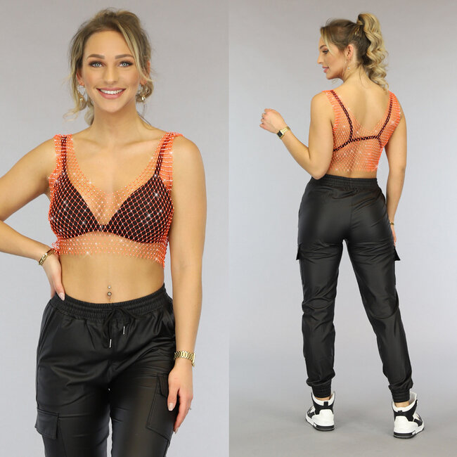Orangefarbenes Fischnetz-Top mit Strass