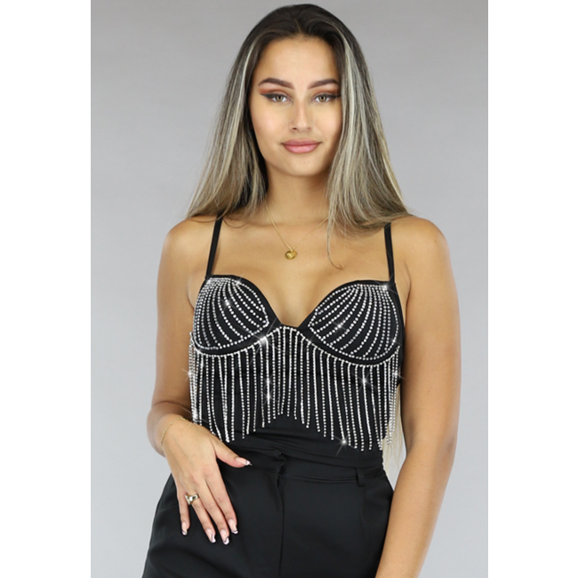 Schwarzes Strass-Top mit Cups und verstellbaren Trägern