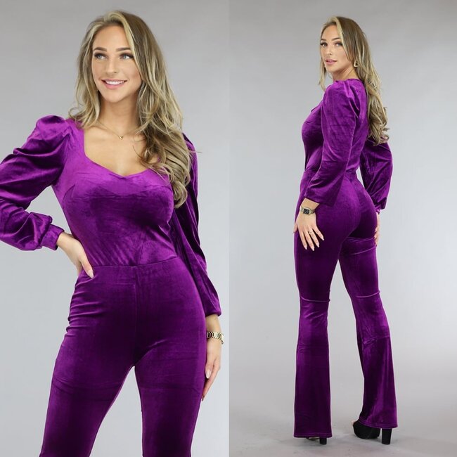 Violett Velours Body mit Sweetheart Neck und Puffärmeln