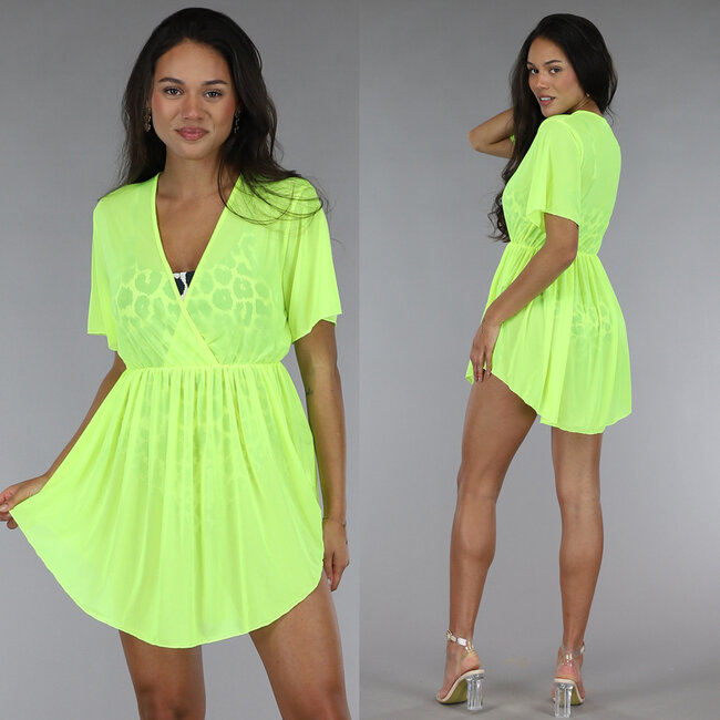 Neongrünes, durchsichtiges Cover Up Kleid mit elastischer Taille