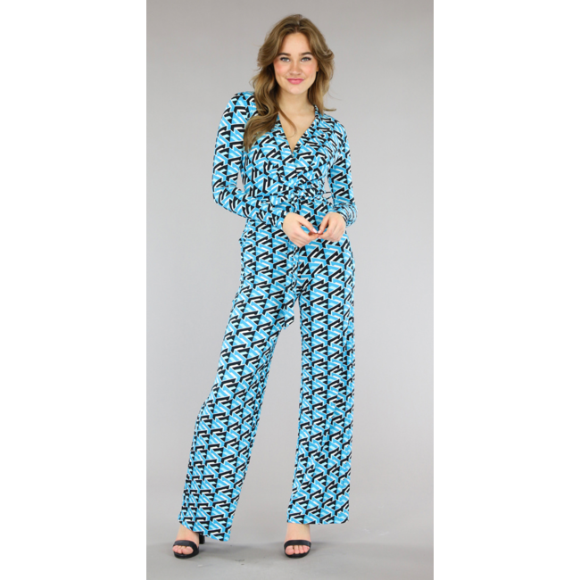 Blauer Jumpsuit mit weitem Bein und Bund mit geometrischem Druck