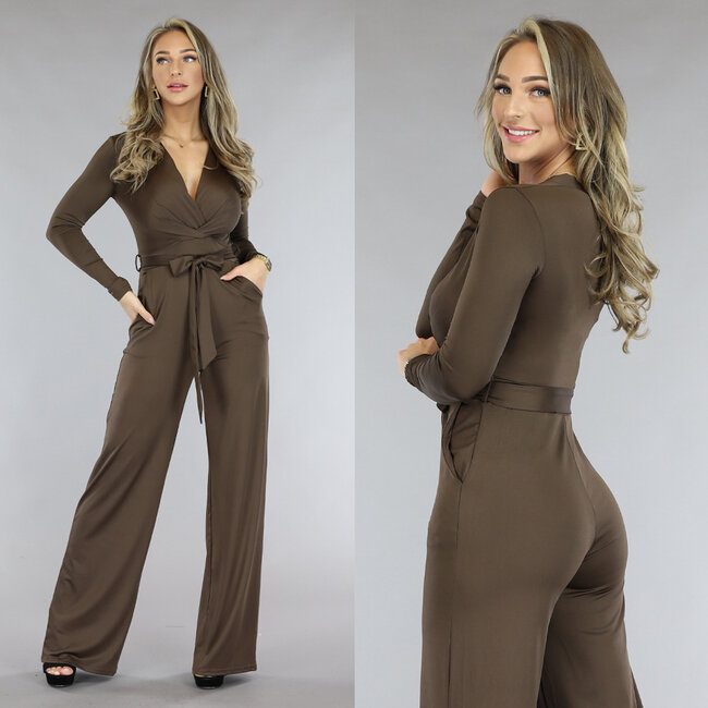 Brauner Jumpsuit mit weitem Bein und Taillenband