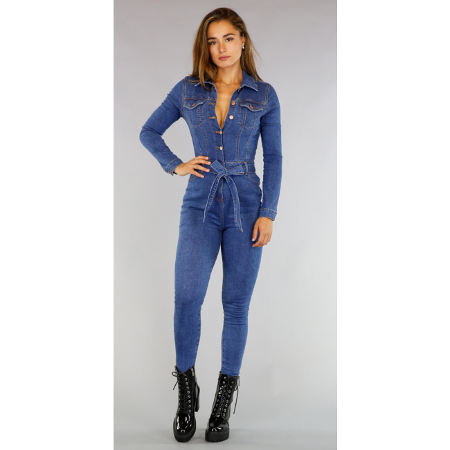 Langärmeliger Stretch-Jeans-Overall mit Knöpfen