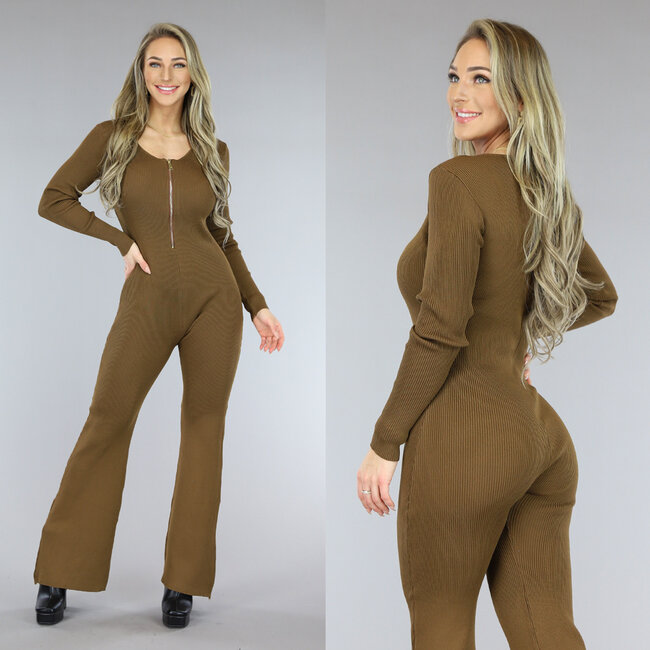 Brauner Flair Jumpsuit aus geripptem Stoff mit kleinem Reissverschluss