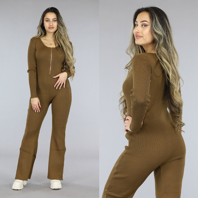 Brauner Flair Jumpsuit aus geripptem Stoff mit kleinem Reissverschluss